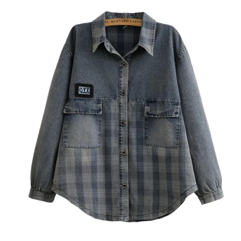 spring 2025 new style loose and comfortable women's 200 pounds plaid patchwork denim shirt blouse