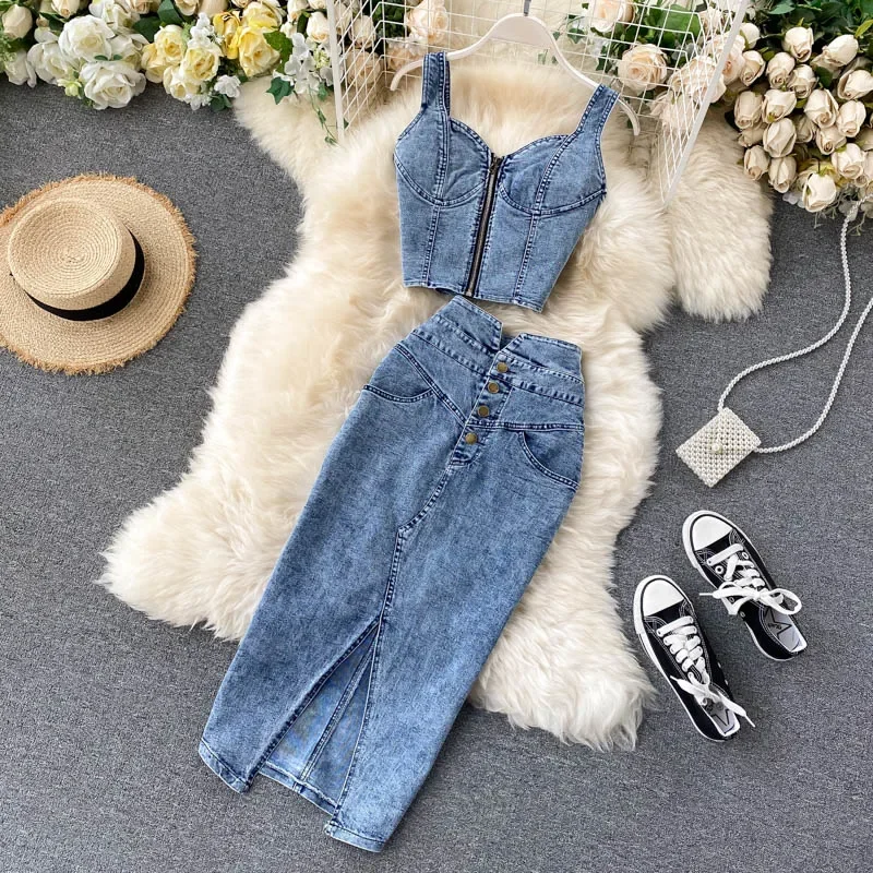 Summer Women Blue Denim 2 Piece Set Sexy V-Neck Jeans Vest+High Waist Button-up Skirts Korean Style Office Lady Sleeveless Suits