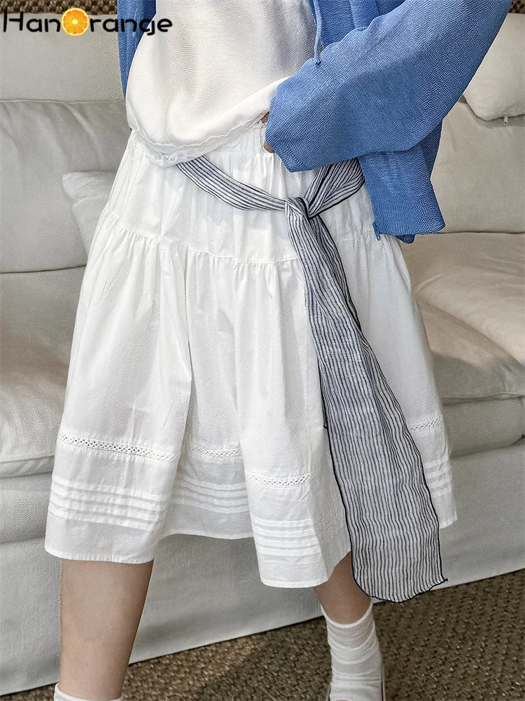 

HanOrange 2026 Summer Simple Elastic Waistband Multi-level Sweep Skirt Age Reducing Skirt White