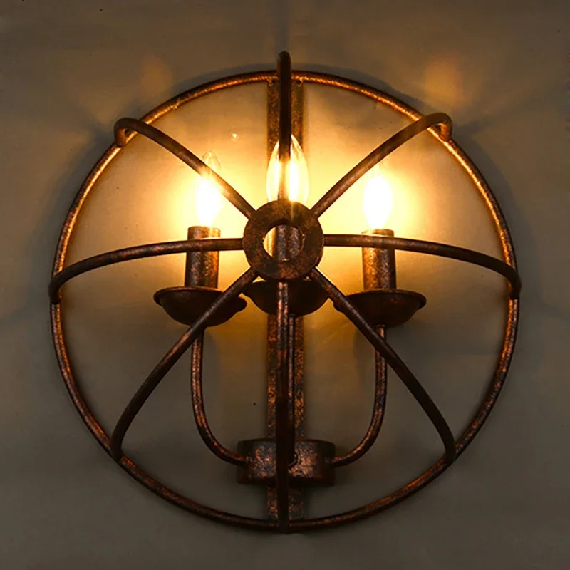 

Loft Industrial Round Style Black Iron Rust Retro Wall Light E14 LED Wall Lights Sconce for Living Room Bedroom Bar Lights