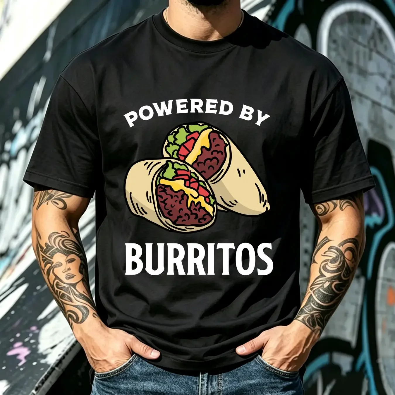 washed T Shirt Powered By Burritos Burrito Lover Saying Funny Idea Eater long or short sleeves vintage Washed Unisex Soft