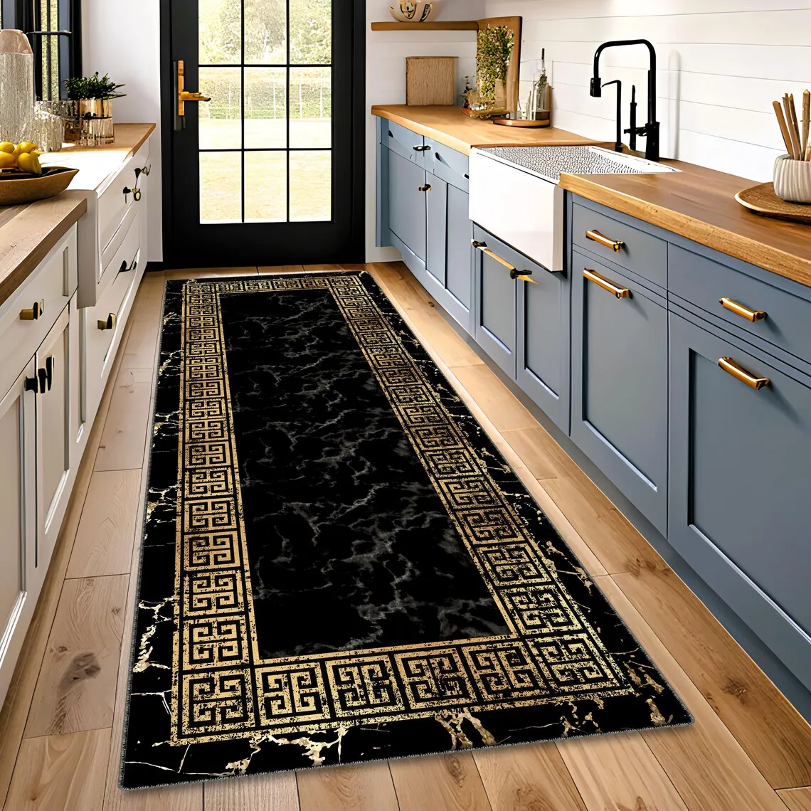 Luxury Black Gold Marble Runner Mat Greek Key Design Non-Slip Hallway Entrance Carpet Kitchen Floor Rug Long Bedside Area Rug
