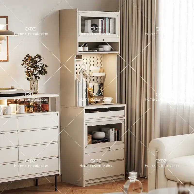 Cream Style Small Dining Side Cabinet 60cm Wide White Solid Wood Microwave Storage Rock Slab Wall Mounted Coffee Side Table