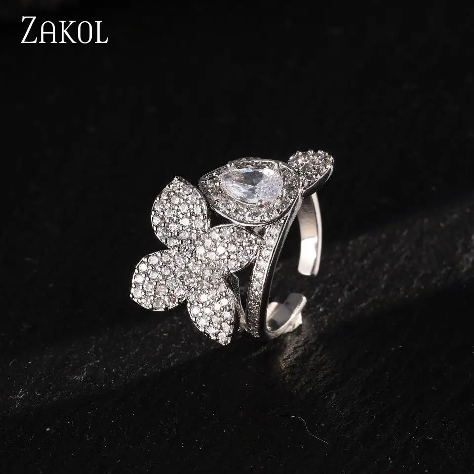 ZAKOL Simple Fashion Petal Water Drop Design For Women's Zircon Ring Copper Micro-set Opening Adjustable Daily Party Jewelry