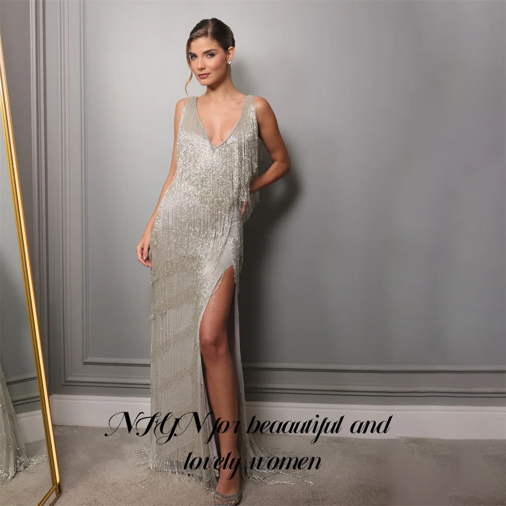 

NFYN Sliver Sequin 프롬 드레 V Neck Sexy Open Back Prom Gown Straight Side Split Party Dresses for Formal Event Tassel Customized