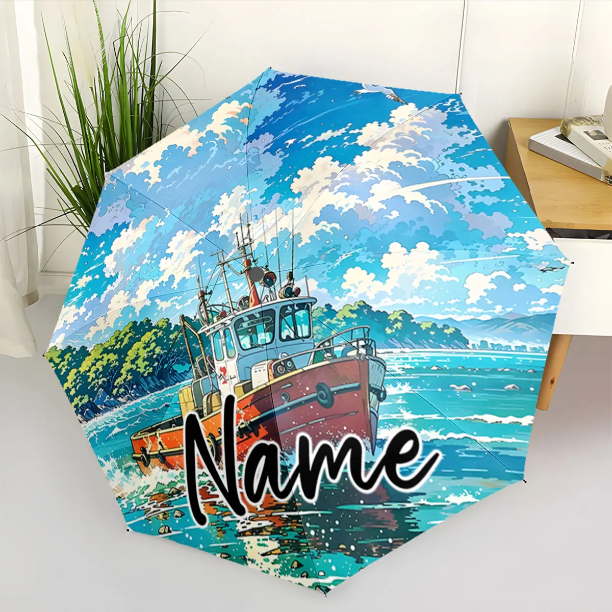 Custom Name Beautiful Boat Scene on Vibrant Umbrella Print 8 Iron Ribs Folding Umbrella Auto-Open Fashion Sunshade