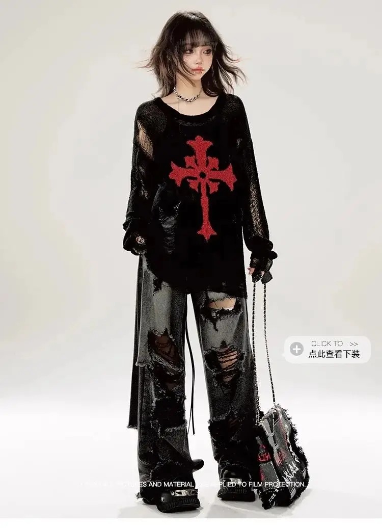 Dark Rock Classic Black Red Tear Ripped Fashion Sweaters Women Gothic Holes Oversized Cross Embroid Long Jumpers Sweater