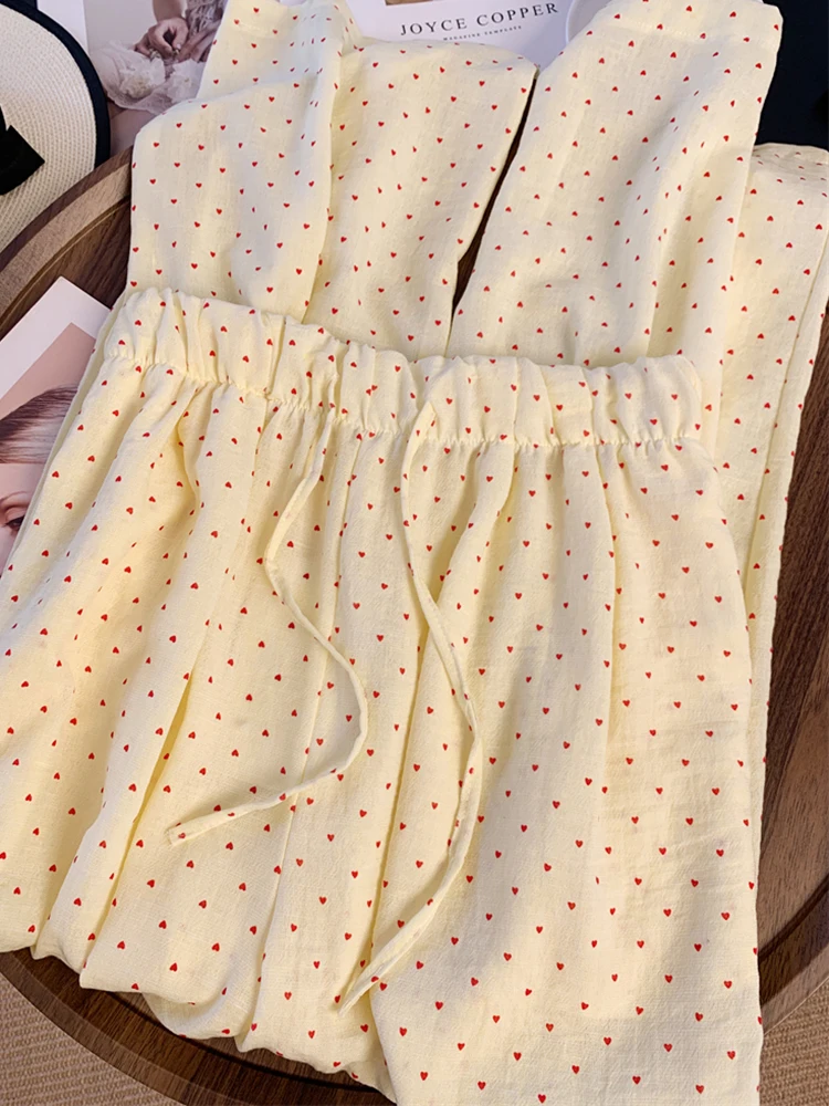 Zoki-pantalones de pierna ancha con estampado de dulce amor para mujer, pantalón informal, holgado, de cintura alta, moda coreana, con cordones, elegantes, novedad