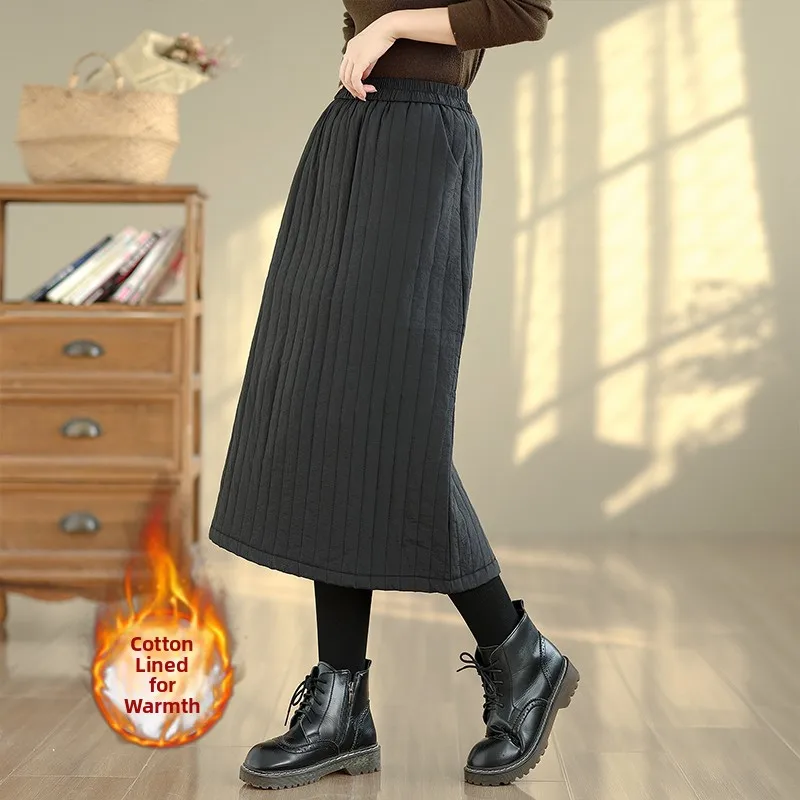 Warmer Baumwoll-F-Rock mit vertikalen Streifen, A-Linien-Midirock, reine Farbe, Winter Faion Pred Line Commute Sle Damen-S...