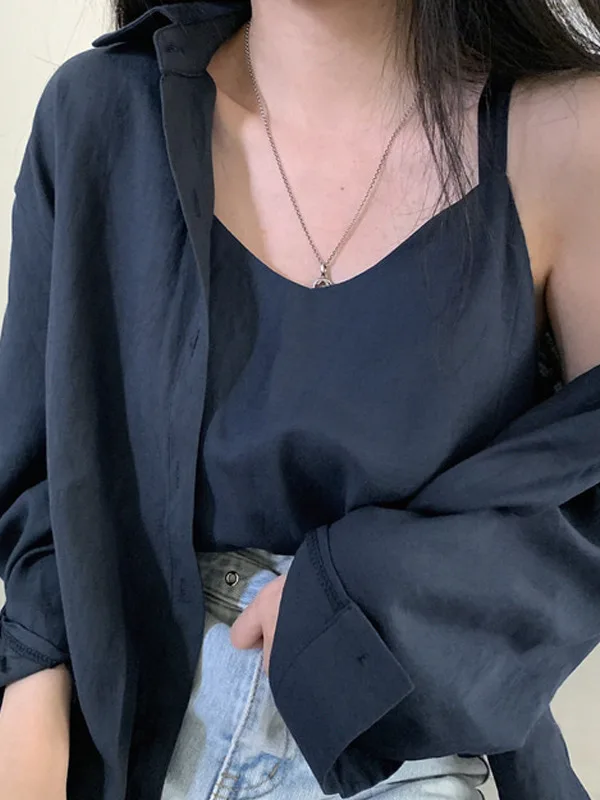 

Chic Casual Collar Long Sve irt Inner Match Tank Top Two-Piece Set Loose Fit Button down Ele Faion Women's Ensemble