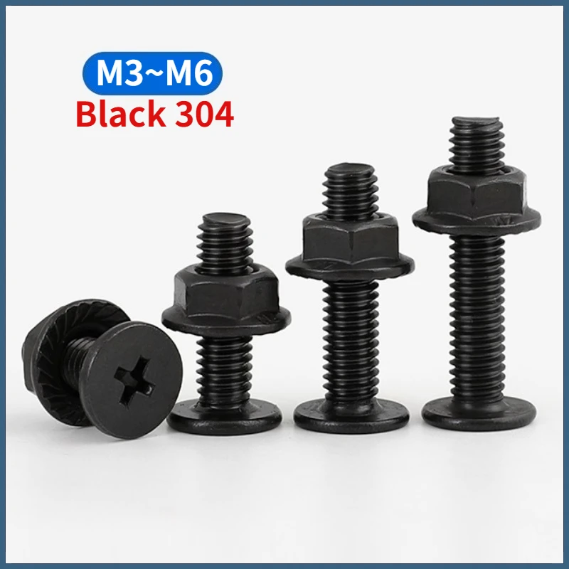 Black 304 Stainless Steel Phillips Ultra Thin Wafer Flat Head Low Profile Screws Bolt and Serrated Flange Nuts Set M3 M4 M5 M6