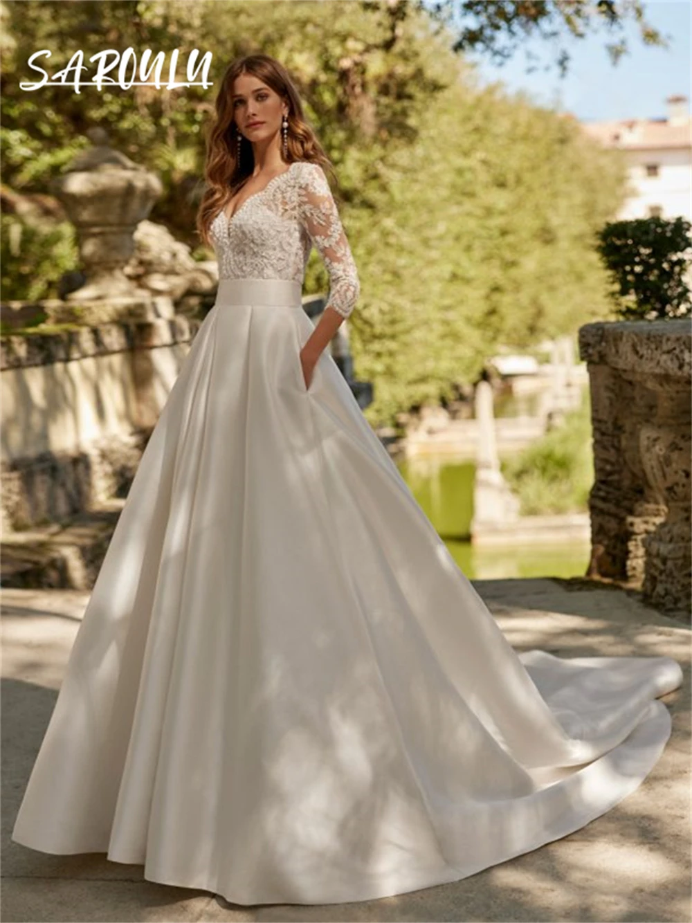 

Classy Ball Gown Wedding Dress With Three Quarter Sleeve Lace Illusion Bride Dress Satin Court Train Bridal Gown