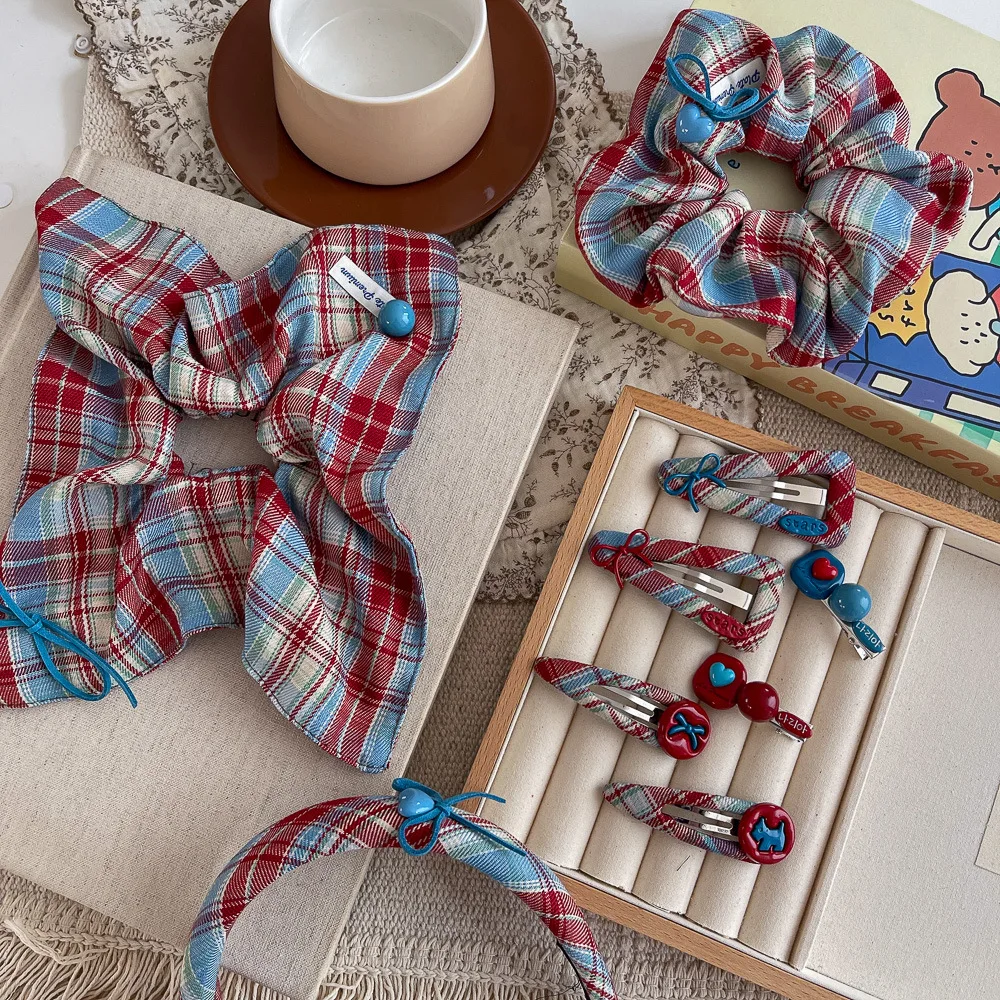 

1pc Blue Red Grid Love Bow Hairpin Elastic Hair Bands Kids Hair Rope Tie Ponytail Holder Rubber Bands Hair Accessories Headdres