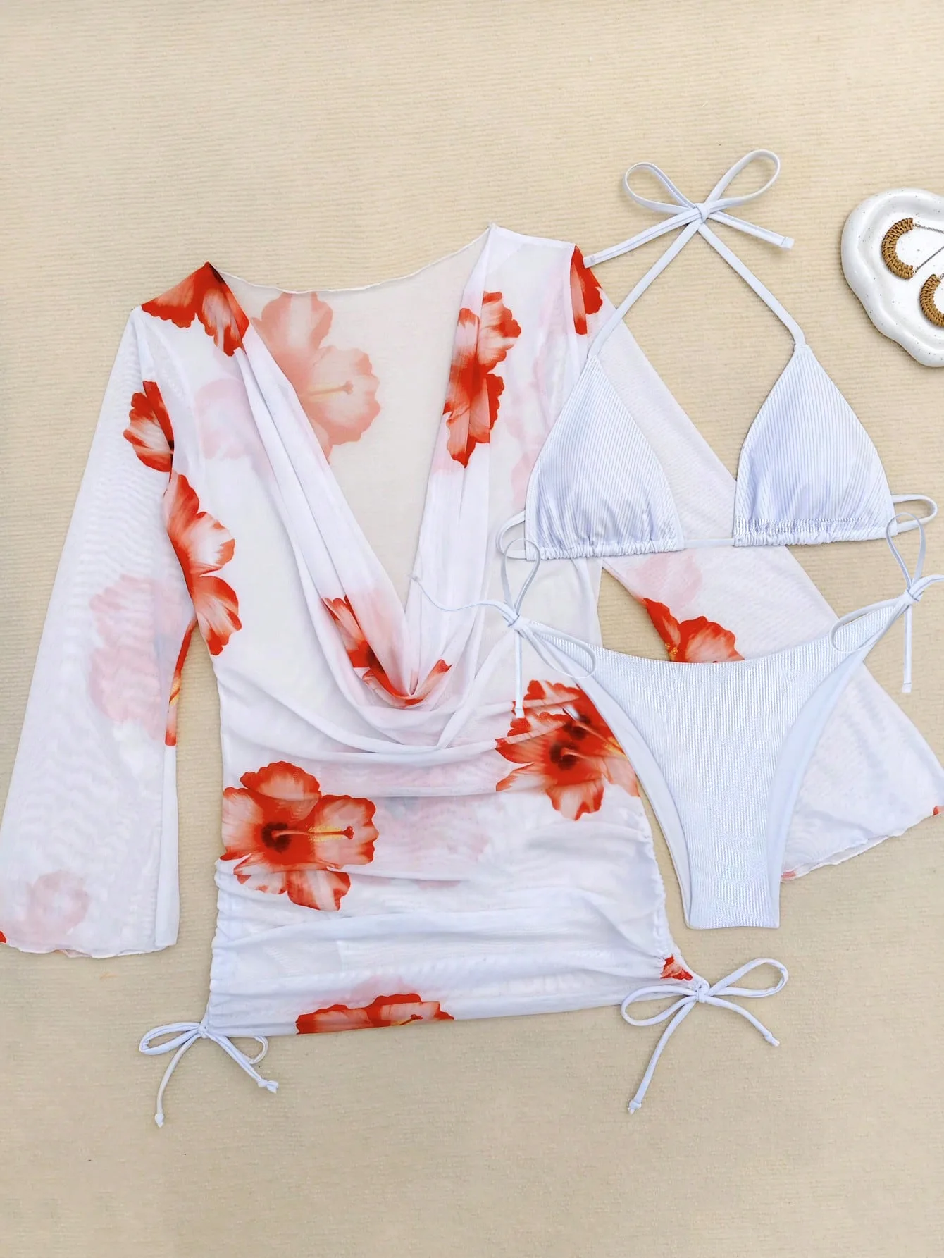

sexy white ribbed halter tie bikinis sets 3pcs with flower print mesh cover dress swimsuits bathing suit beach outfits biquini