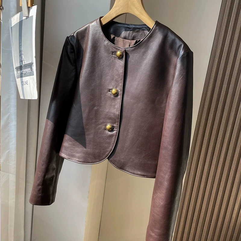 Vintage Wine Red Women's Real Leather Jackets Chic O-neck Single Breasted Female First Layer Sheepskin Short Jackets Coats 2025