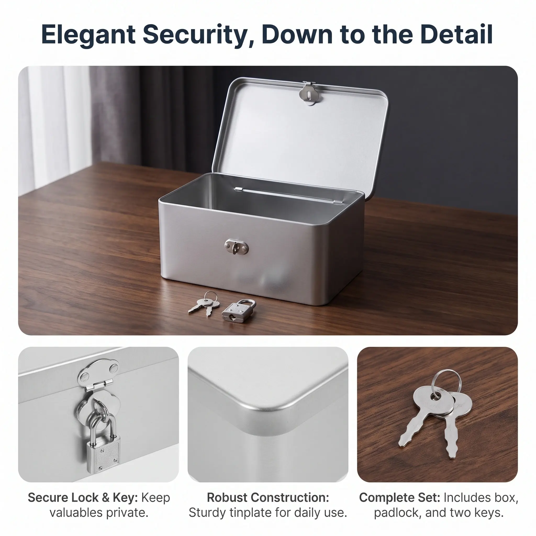 Lock Key Retro Tinplate Storage Box Metal Jewelry Organizer Vintage Desktop Keepsake Container Secure Lockable Storage Chest