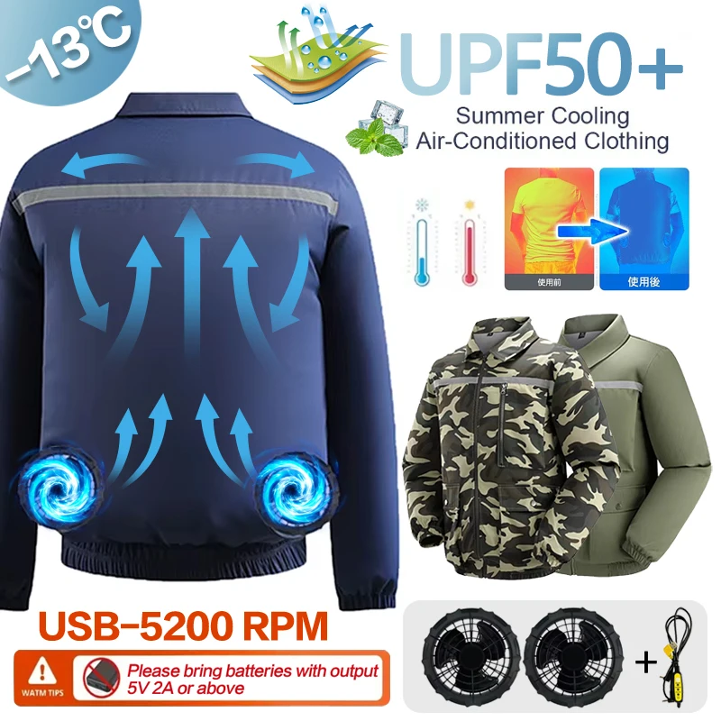 Sommer-Kühlkleidung mit Klimaanlage für Männer - Bauarbeiten, Outdoor-Arbeit, Angelkleidung mit Elektroventilator. Kühlventilator-Jacke