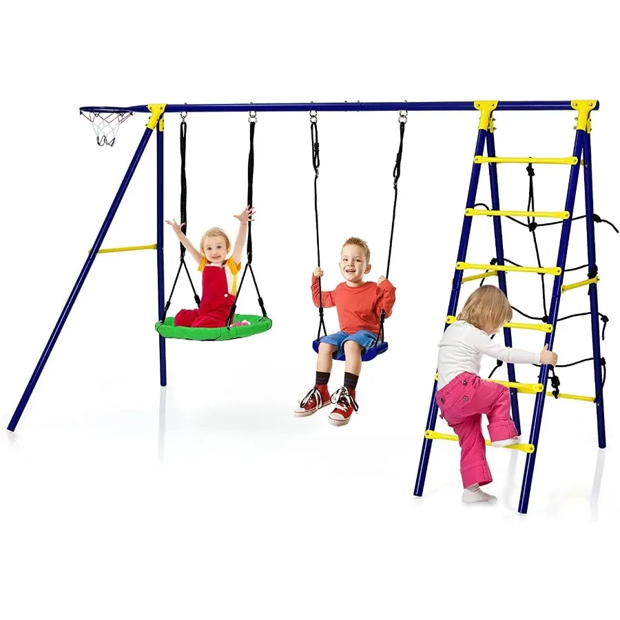 

550lbs 2 Seat Swing Set with Heavy Duty A-Frame Metal Swing Stand 5-in-1 Swing Sets for Backyard w/Saucer Swing Belt Swing Clim