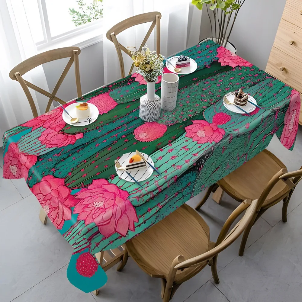 Vibrant Cactus Floral Tablecloth Waterproof Spillproof Dining Table Runner for Home Decor