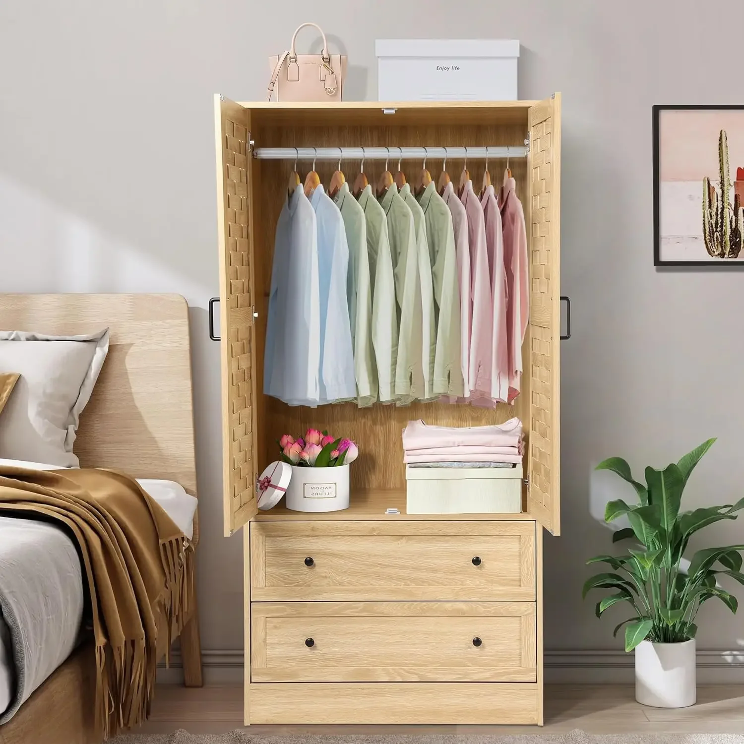 Environmentally friendly wood Armoire Wardrobe Closet, Wardrobe Cabinet with 2 Woven Doors