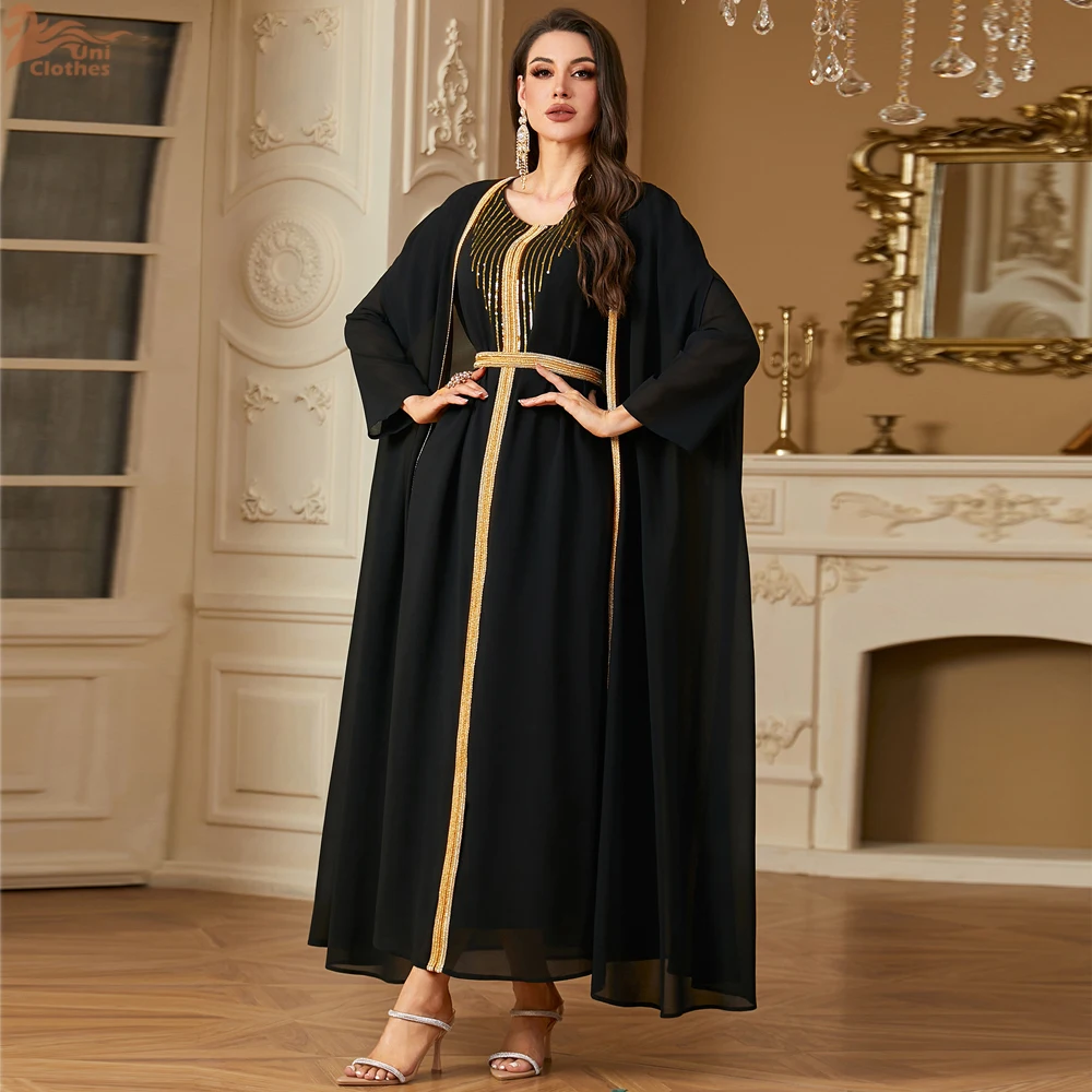 

Women's Luxury Abaya Sets Dubai Sequins Embroidery Cardigan Islamic Muslim Open Abayas Kaftan Moroccan Dress Turkey Robe Gown
