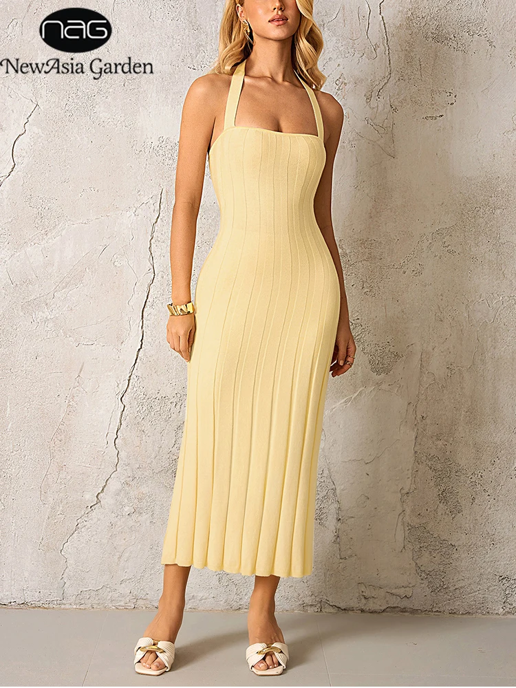 NewAsia Damen Neckholder Geripptes Strick-Bodycon-Midikleid Rückenfreies Ärmelloses Elegantes Casual Party Cocktailkleid 2026 Neuerscheinung