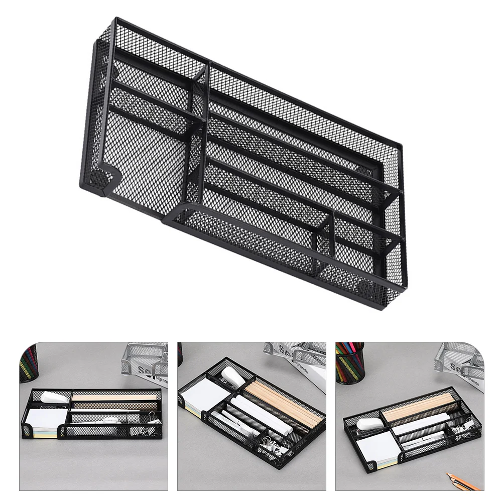 

Metal Mesh Storage Tray Desk Organizer Black Iron Minimalist Office Supplies Multi Compartment Anti Slip Pads Storage