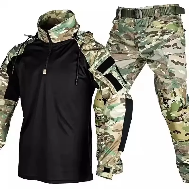 Combat Uniform Tactical Suits T-Shirt Hooded Pants Men Clothing Hiking Shirts Airsoft Paintball Hunting Clothes Wear Resistant
