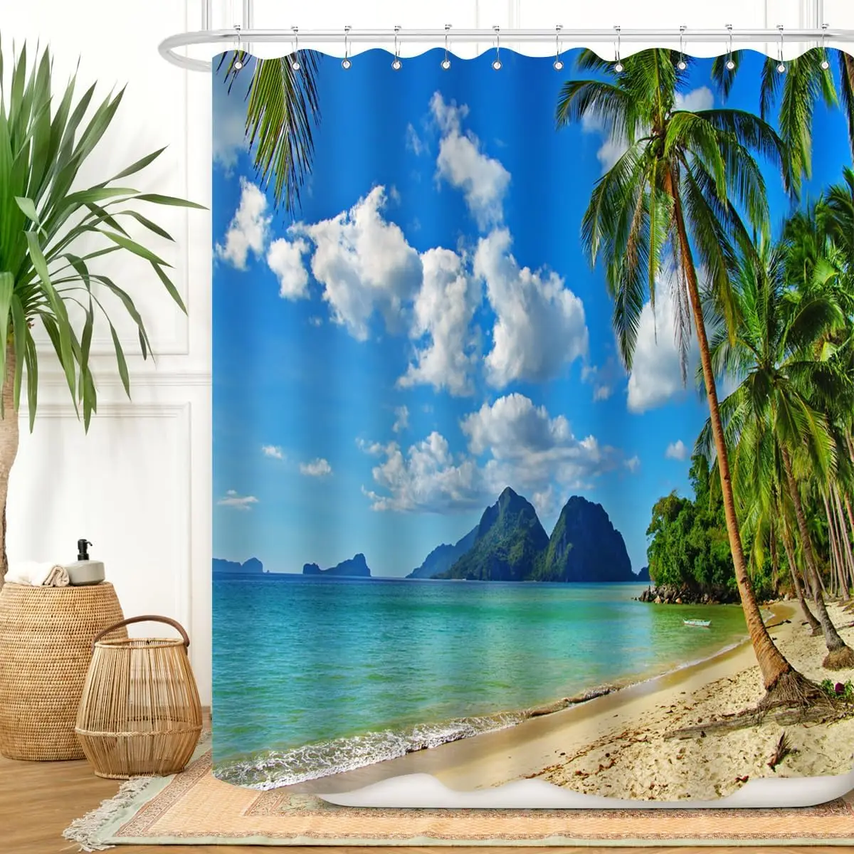 

Paradise Island Shower Curtain Blue Sky White Clouds Tropical Beach Design Waterproof Bath Linen Vacation Theme Home Decor Item