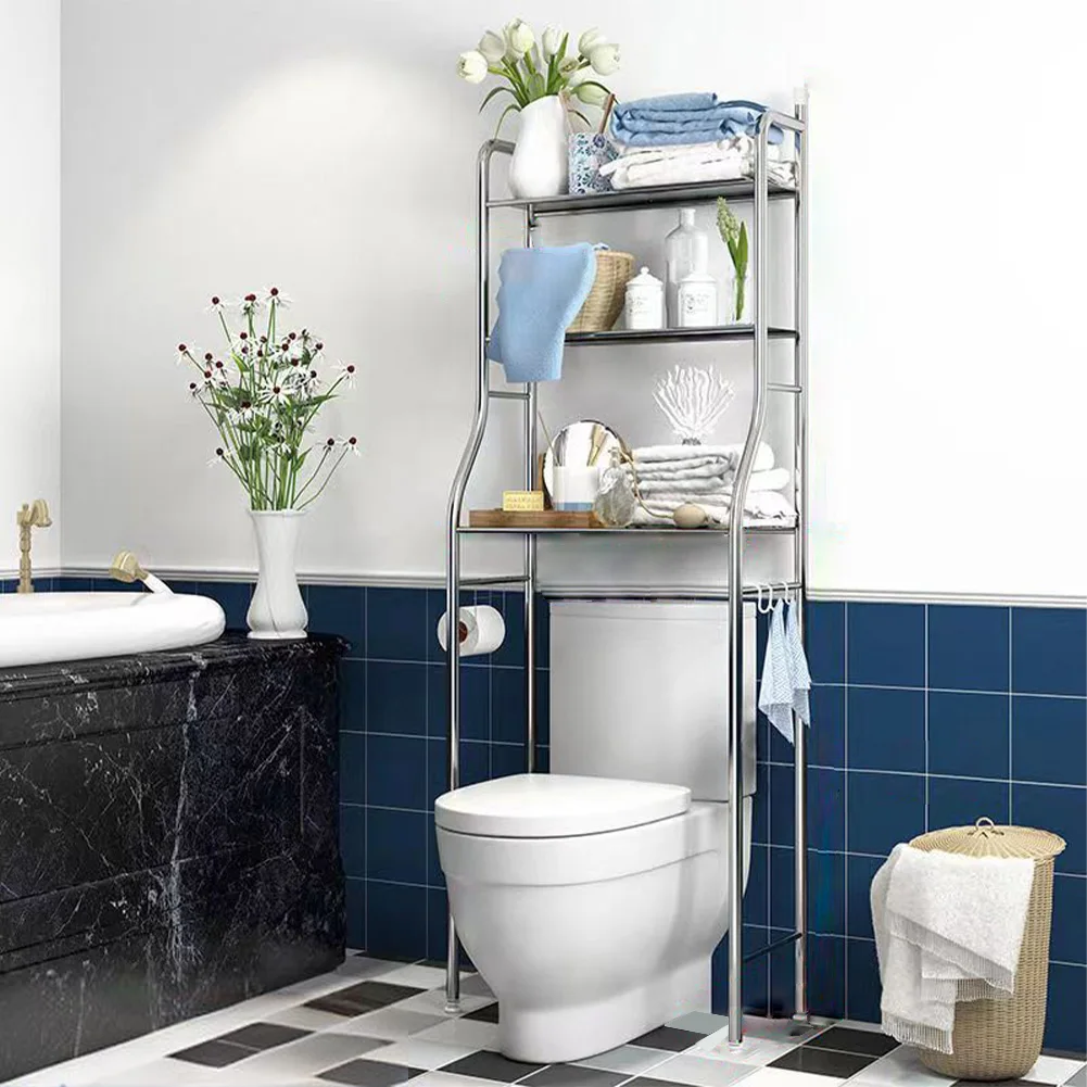 3 Tier Over Toilet Storage Shelf, Stainless Steel Bathroom Rack with Hooks | 63