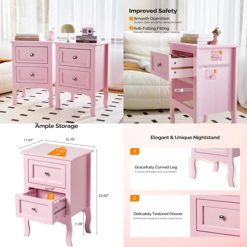 Pink Double Drawer Nightstands Set, Bedside Table for Bedroom, Compact Nightstand Pair, Small Pink Night Stands for Sleep Space