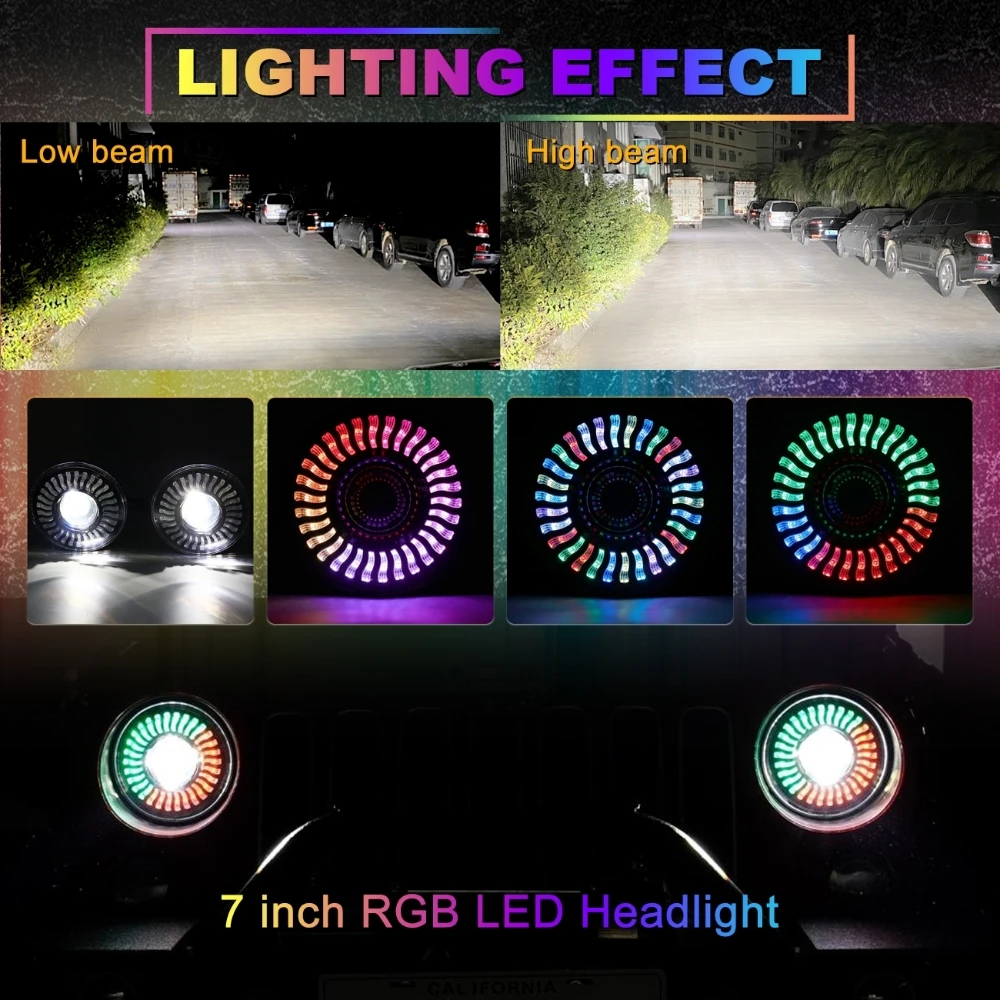 Auxbeam 7 بوصة LED المصابيح الأمامية RGB ضوء متدفق بلوتوث APP التحكم مرحبا منخفضة شعاع مع هالة ل جيب رانجلر JK TJ LJ 1997-2018