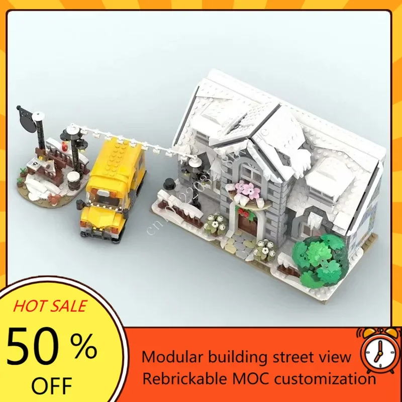 1311PCS Villaggio invernale Scuola con autobus modulare MOC Creativo vista stradale Modello Puzzle personalizzato Architettura Modello fai da te Giocattoli Regali