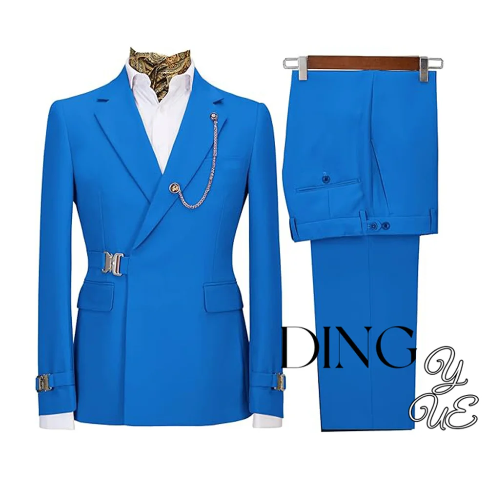 Men Metal Side Release Buckle Blazer Suits Pink Blazer Tuxedo Pants 2 Pcs Sets for Wedding Party