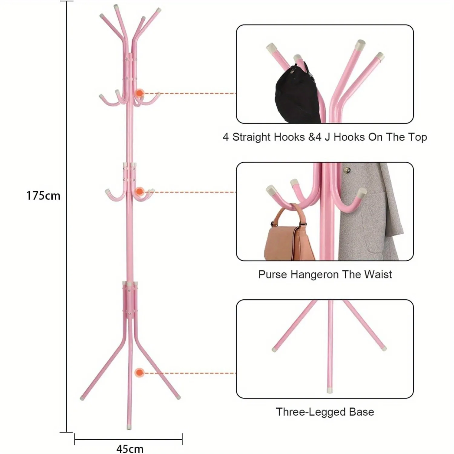 Pink Coat Rack Floor Standing Metal Clothes Rack with 12 Hooks Clothes Hanger 3 Tier Freestanding Storage Rack for Hats Handbags