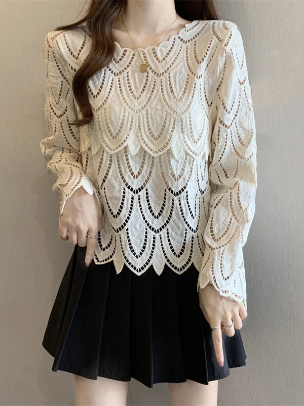 

Ladies' Knitted Hollow out Hook Flower Top plus Size Outerwear Spring 2026 Early Trendy Comfortable Korean Style Long Sleeve