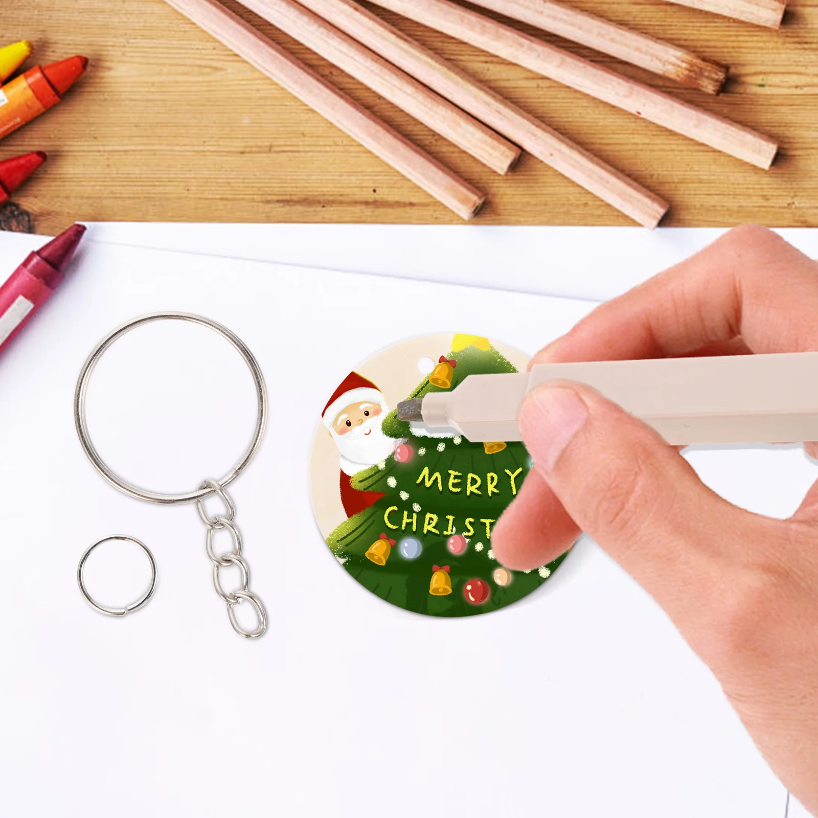 

100Sets Handmade Wooden Keychains Wood Slices Pendants Decorative Key Rings DIY Craft Key Decors for Friends Gift Idea