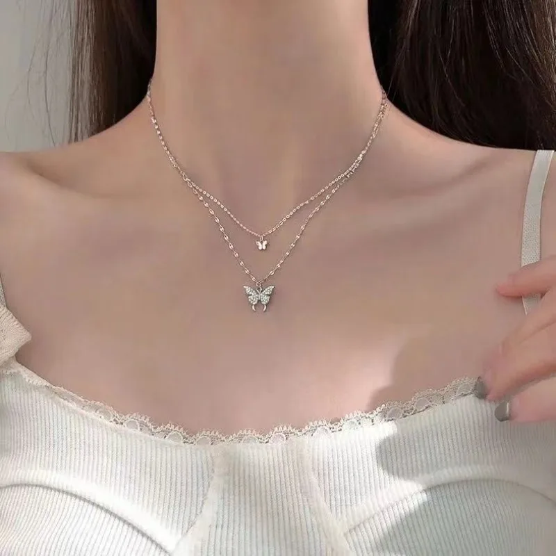 Simple Double Layer Star Moon Charm Multilayered Necklace Delicate Clavicle Chain Zircon for Women Fashion Jewelry 2024