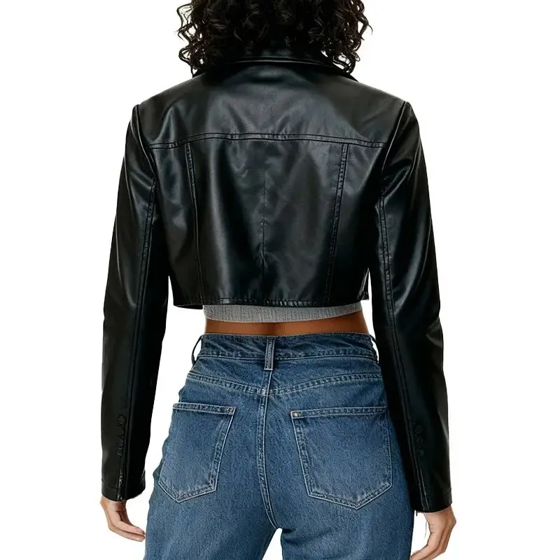 Women's Black Faux Leather Jacket Short Cropped Biker Style Motorcoat Lapel Sexy Punk Vestido Casual Winter Coat 2025 Chic New