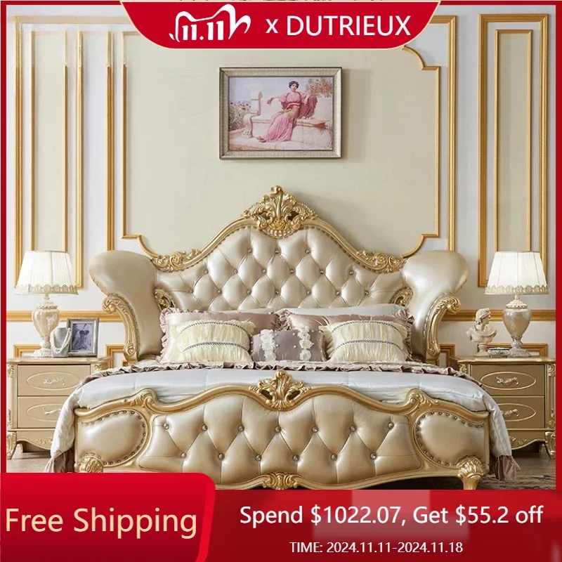 

Luxury Modern Double Bed Frame Master King Size European Bed Frame Wood Genuine Leather Camas Matrimonial Bedroom Furniture