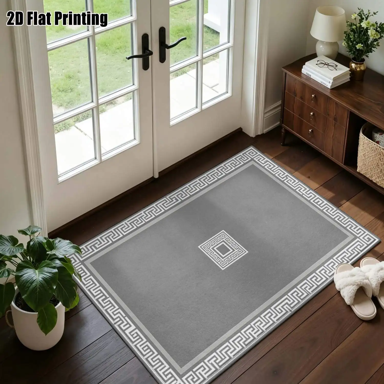1Pc 2D Printed Carpet: Gray Base White Herringbone Pattern, Modern Simple, Multi-Size Machine Washable, for Entrance, Dining, Foyer, Bedroom, Study, Living Room