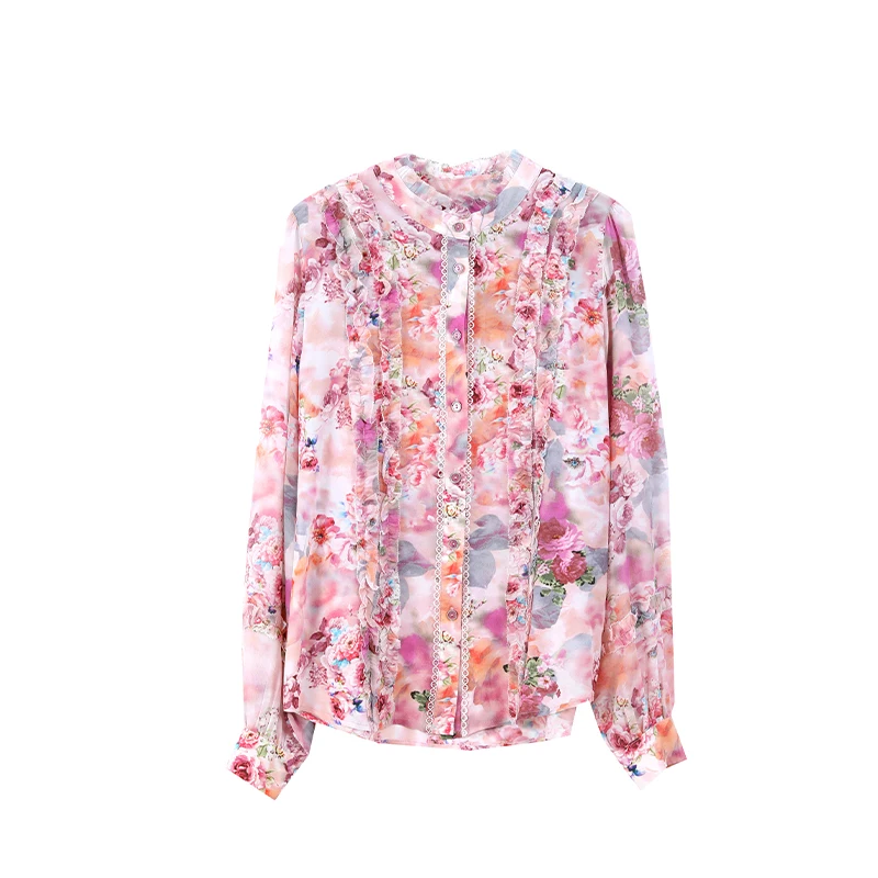 Ele Floral Print Silk irt Women's Spring 2024 Faionable Lace Trim Straight Cut Long Sve Busin Casual irt:Ele Floral Print Silk irt Women's Spring 2024 Faionable Lace Trim Straight Cut Long Sve Busin Casual irt:Damska sukienka z jedwabiu w kwiatowy wzór, na wiosnę 2024, modna, z koronkowym wykończeniem, o prostym kroju, długa, biznesowa, codzienna.