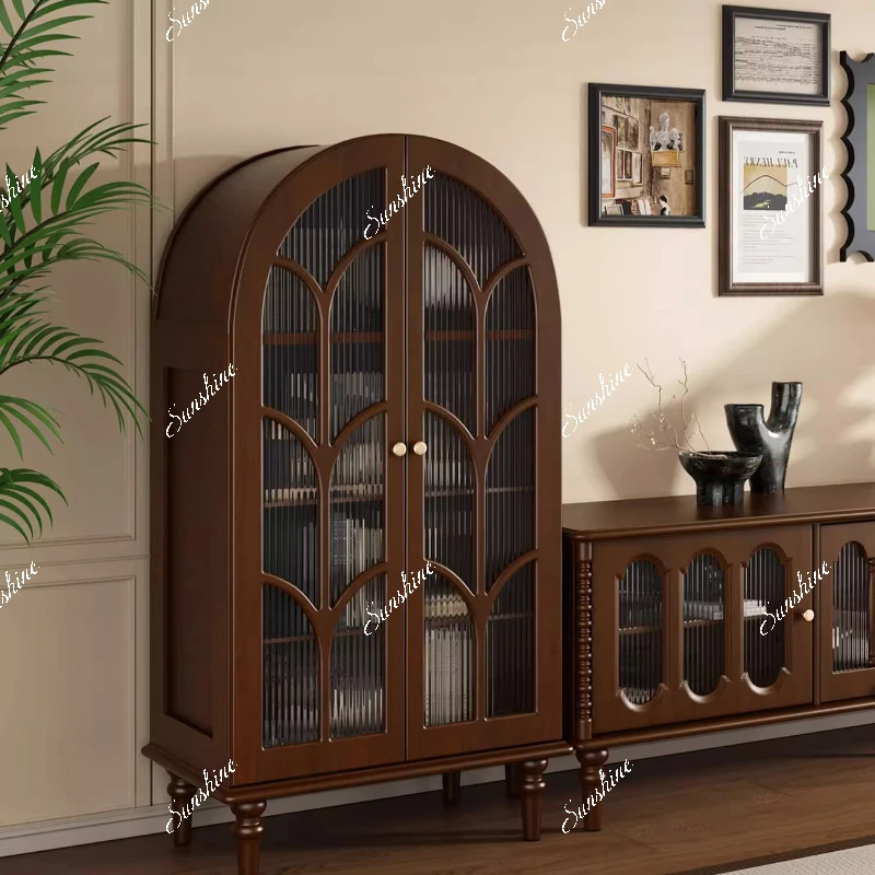 

French vintage solid wood dining side small apartment living room display furniture glass sideboard