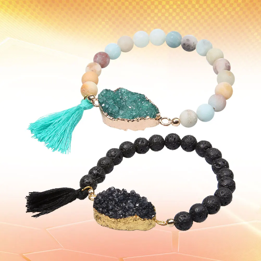 

2Pcs Volcanic Bracelet For Women Bead Bracelet Durable Crystal Bead Barcelet With Tassel Stylish Tassel Women Men Gift