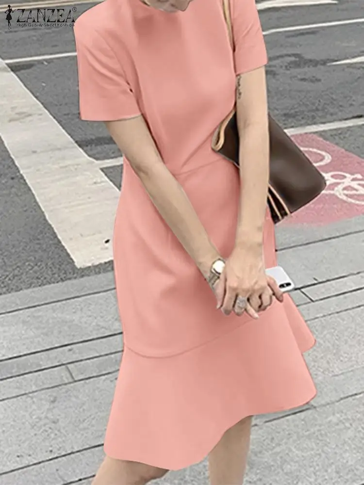 

ZANZEA Holiday Summer Short Sleeve Sundress Women Solid Color Midi Dress Vintage 2024 Slim Fishtail Robe Korean Fashion Vestidos