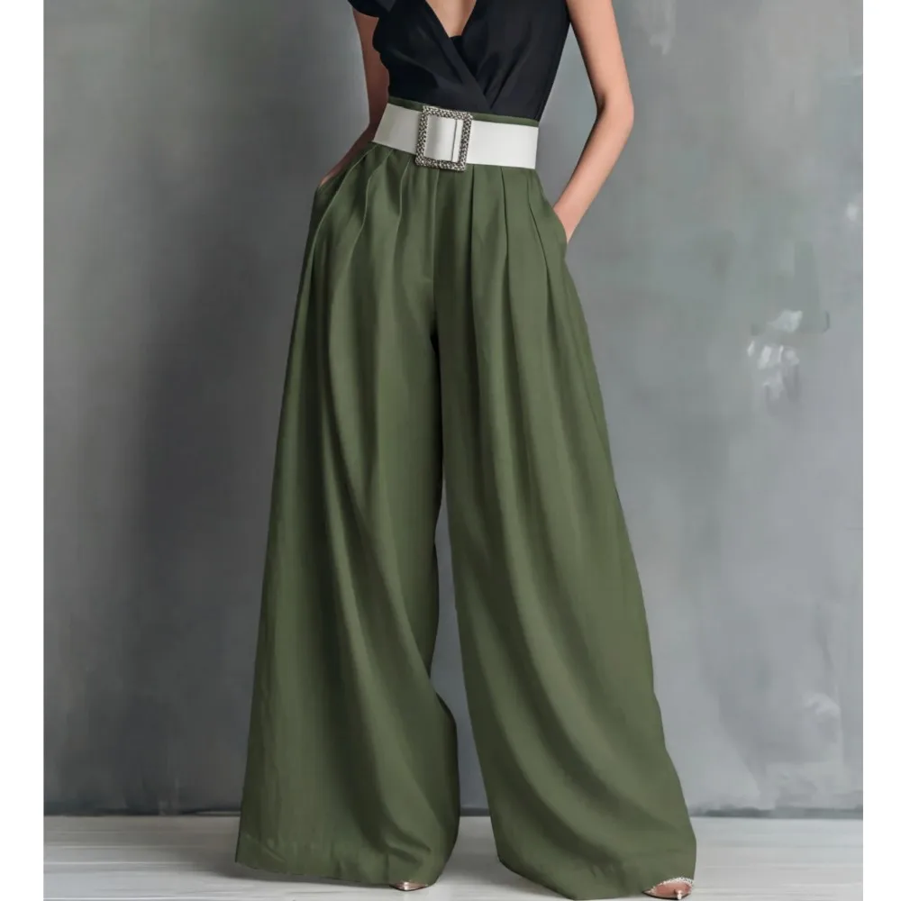 Solid Color Trousers Women's Summer New Fashion High Waist Loose Workplace Casual Wide Leg Pants With Pockets Ropa De Mujer