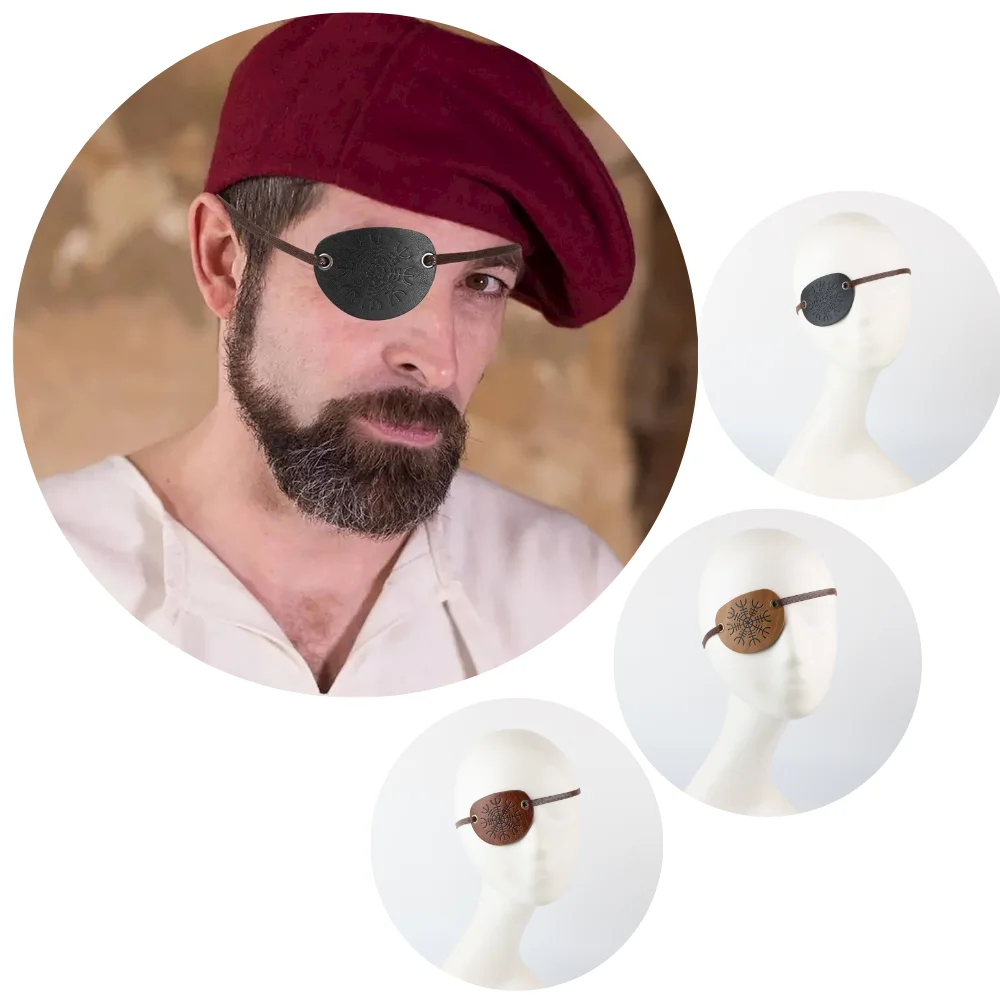 Średniowieczny piracki czarny skórzany pokrowiec na oko Vintage rekwizyty do Cosplay z regulowaną liną karnawałowe akcesoria do kostiumów na Halloween