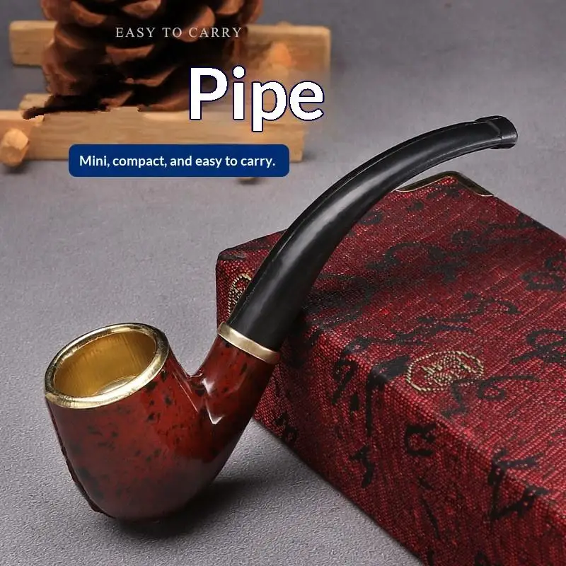 Durable Mini Cigarette Pipe Imitation Wood Pipe Men's Classic Resin Pipe Old-Fashioned Dry Pipe Portable Copper Pot Bent