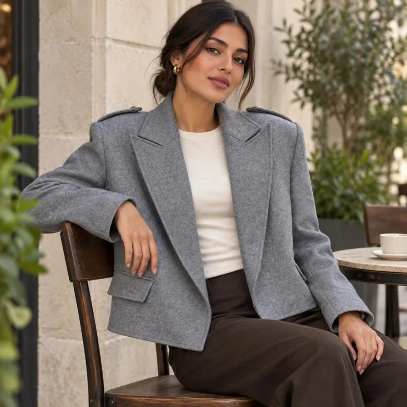 Women Wool Blend Suit Jacket Tweed Blazer Coat Long Sleeve Loose Fit Elegant Office Wear Autumn Winter Outerwear Chic Clothing