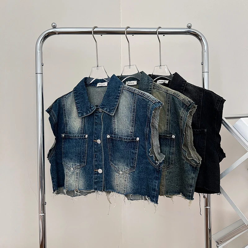 Women Spring Summer New Vintage Loose Big Pocket Frayed Burrs Sleeveless Cowboy Waistcoat Casual Short Denim Vest